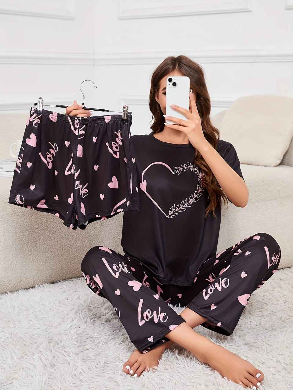 Delicate Love Heart 3 Piece Night Suit