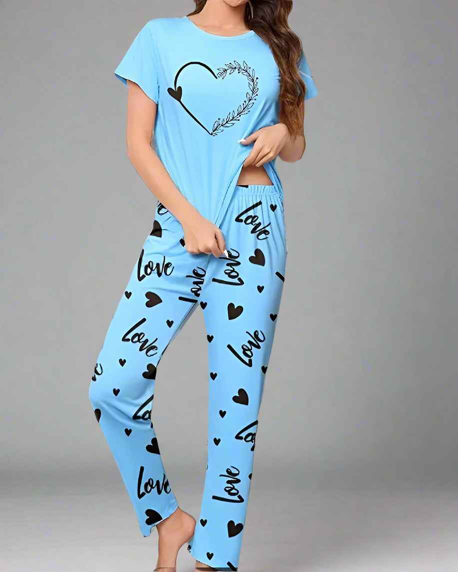Love Heart Printed Nightwear Set T-Shirt & Trouser