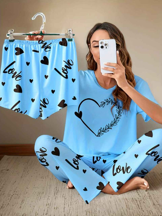 Delicate Love Heart 3 Piece Night Suit