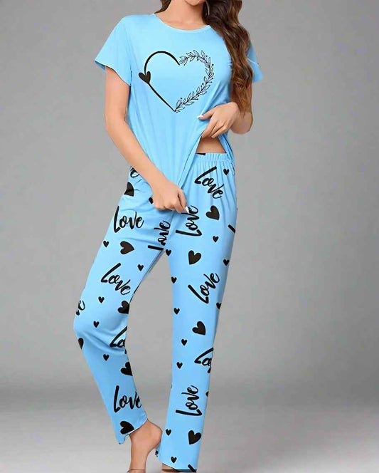 Love Heart Printed Nightwear Set T-Shirt & Trouser