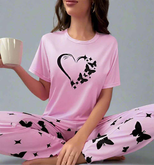Pink Butterfly Heart Printed Nightwear Set T-Shirt & Trouser