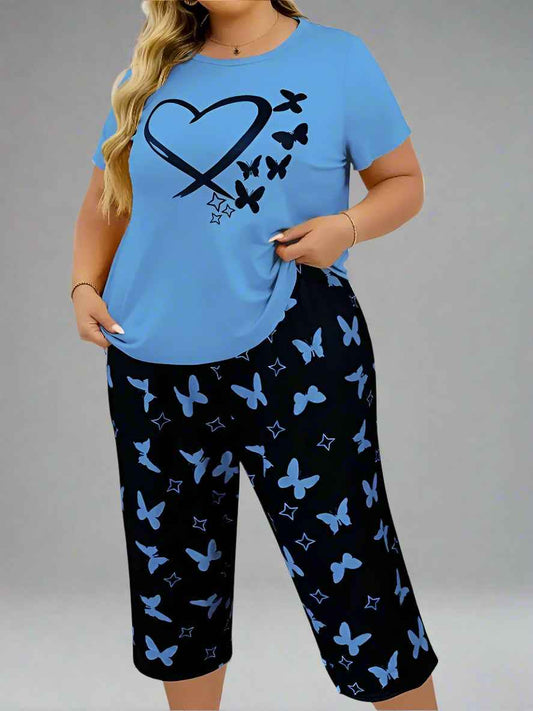 Blue Butterfly Heart Printed Nightwear Set T-Shirt & Trouser