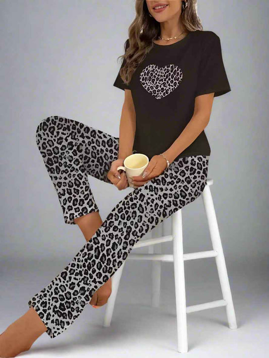 Black Cheeta Heart Printed Nightwear Set T-Shirt & Trouser