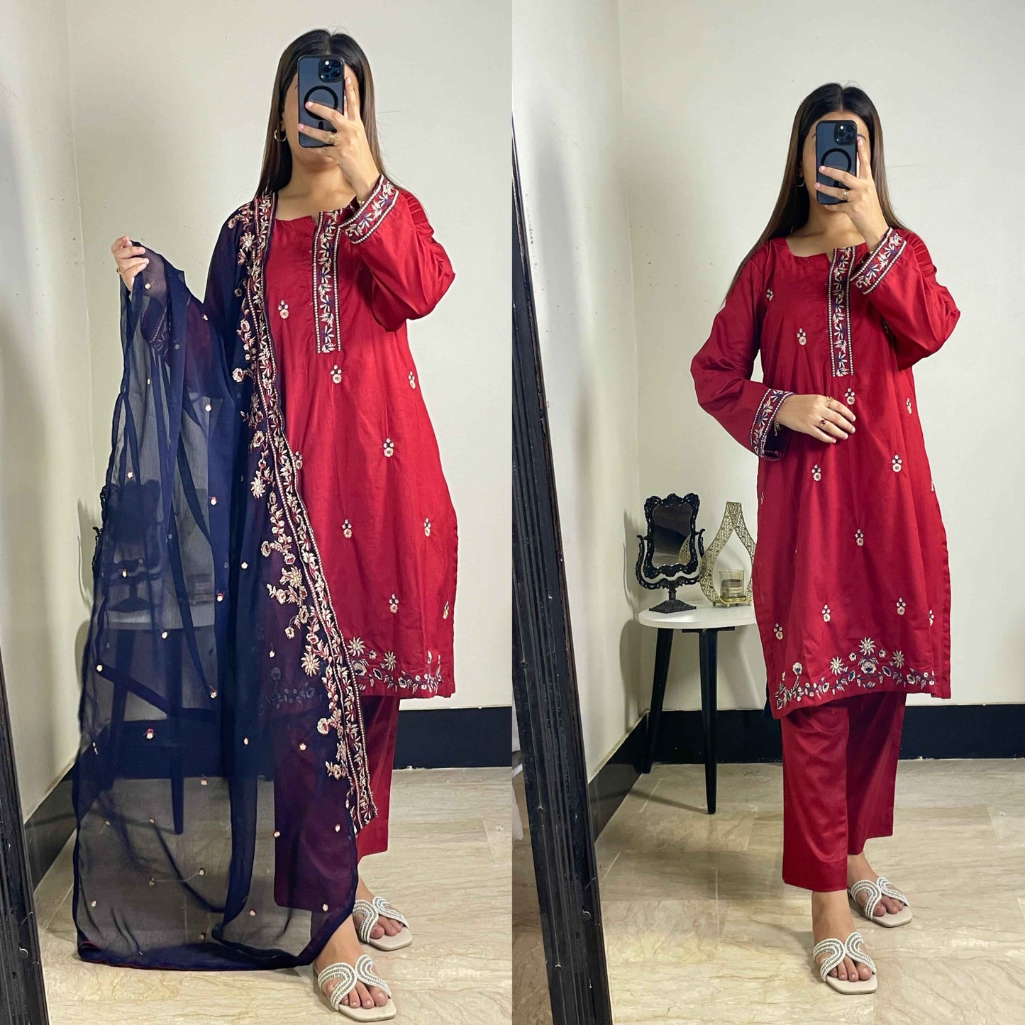 3 Piece Suit Made On Pure Cotton Fabric, Shirt Sleeves Heavy Embroidered, Contrast Chiffon Dupatta 2.5 Heavy Embroidered - DESIGN #HC34 EID COLLECTION