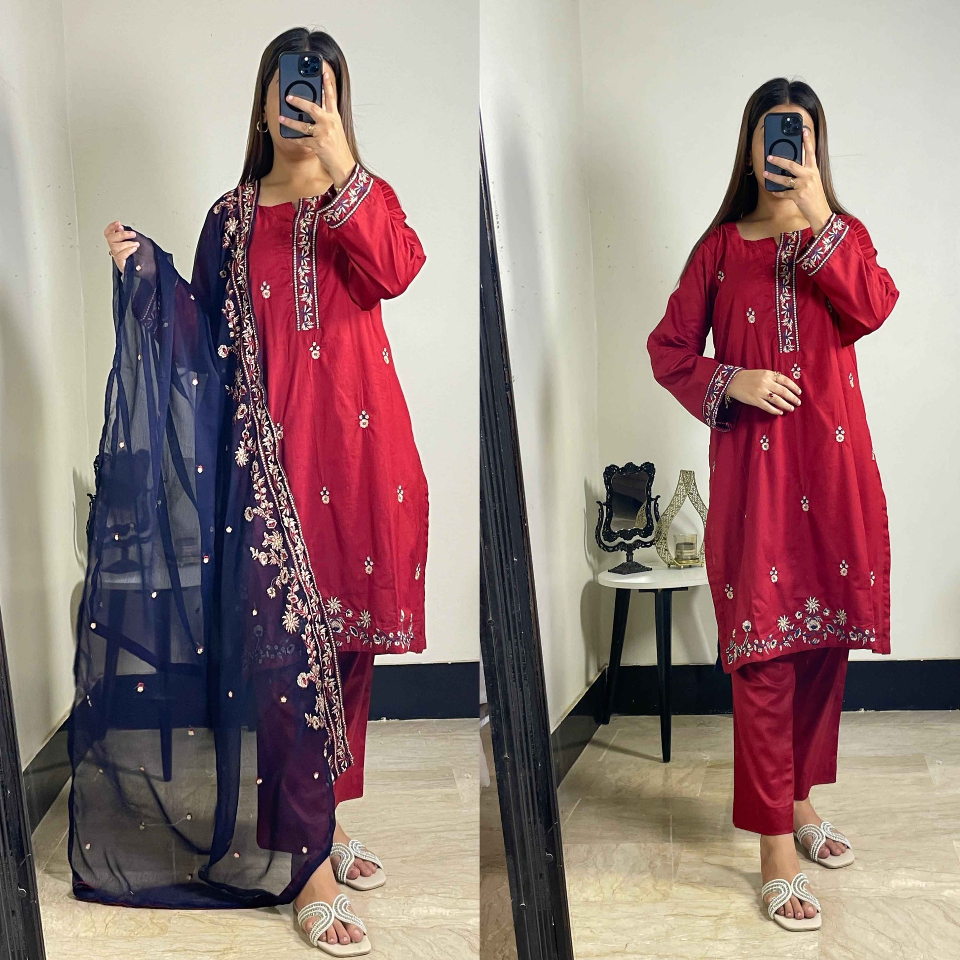 3 Piece Suit Made On Pure Cotton Fabric, Shirt Sleeves Heavy Embroidered, Contrast Chiffon Dupatta 2.5 Heavy Embroidered - DESIGN #HC34 EID COLLECTION
