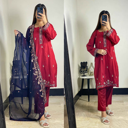3 Piece Suit Made On Pure Cotton Fabric, Shirt Sleeves Heavy Embroidered, Contrast Chiffon Dupatta 2.5 Heavy Embroidered - DESIGN #HC34 EID COLLECTION