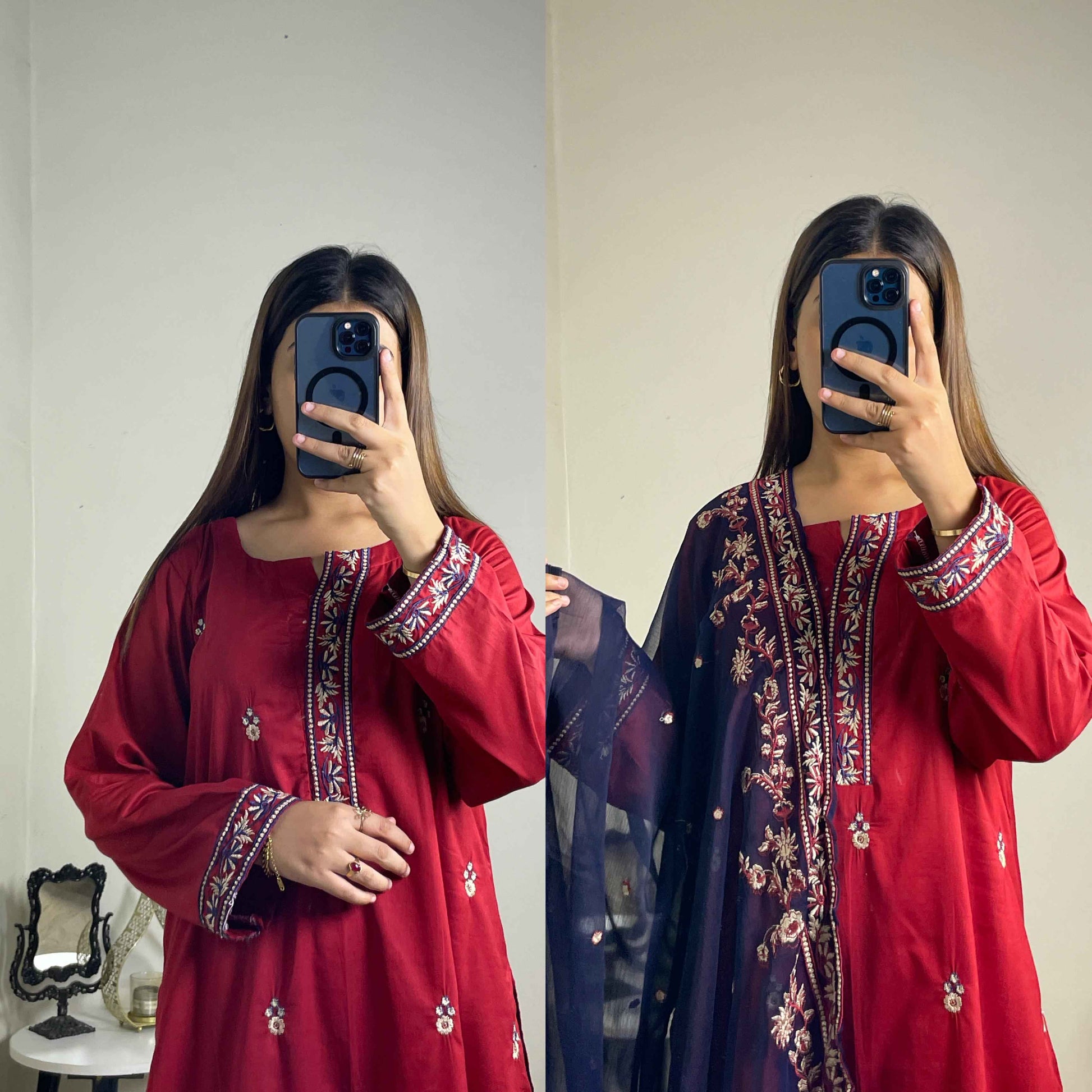 3 Piece Suit Made On Pure Cotton Fabric, Shirt Sleeves Heavy Embroidered, Contrast Chiffon Dupatta 2.5 Heavy Embroidered - DESIGN #HC34 EID COLLECTION