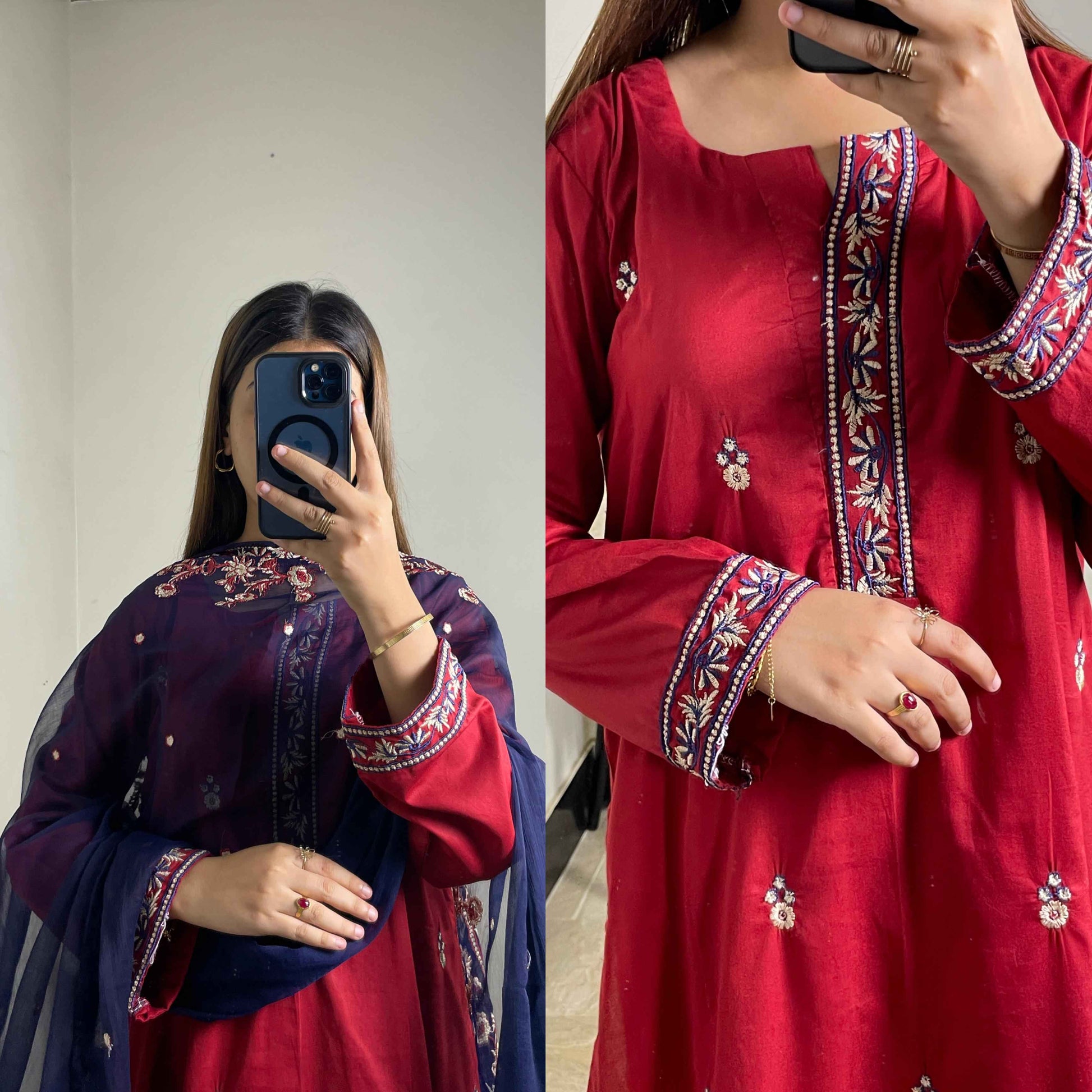 3 Piece Suit Made On Pure Cotton Fabric, Shirt Sleeves Heavy Embroidered, Contrast Chiffon Dupatta 2.5 Heavy Embroidered - DESIGN #HC34 EID COLLECTION