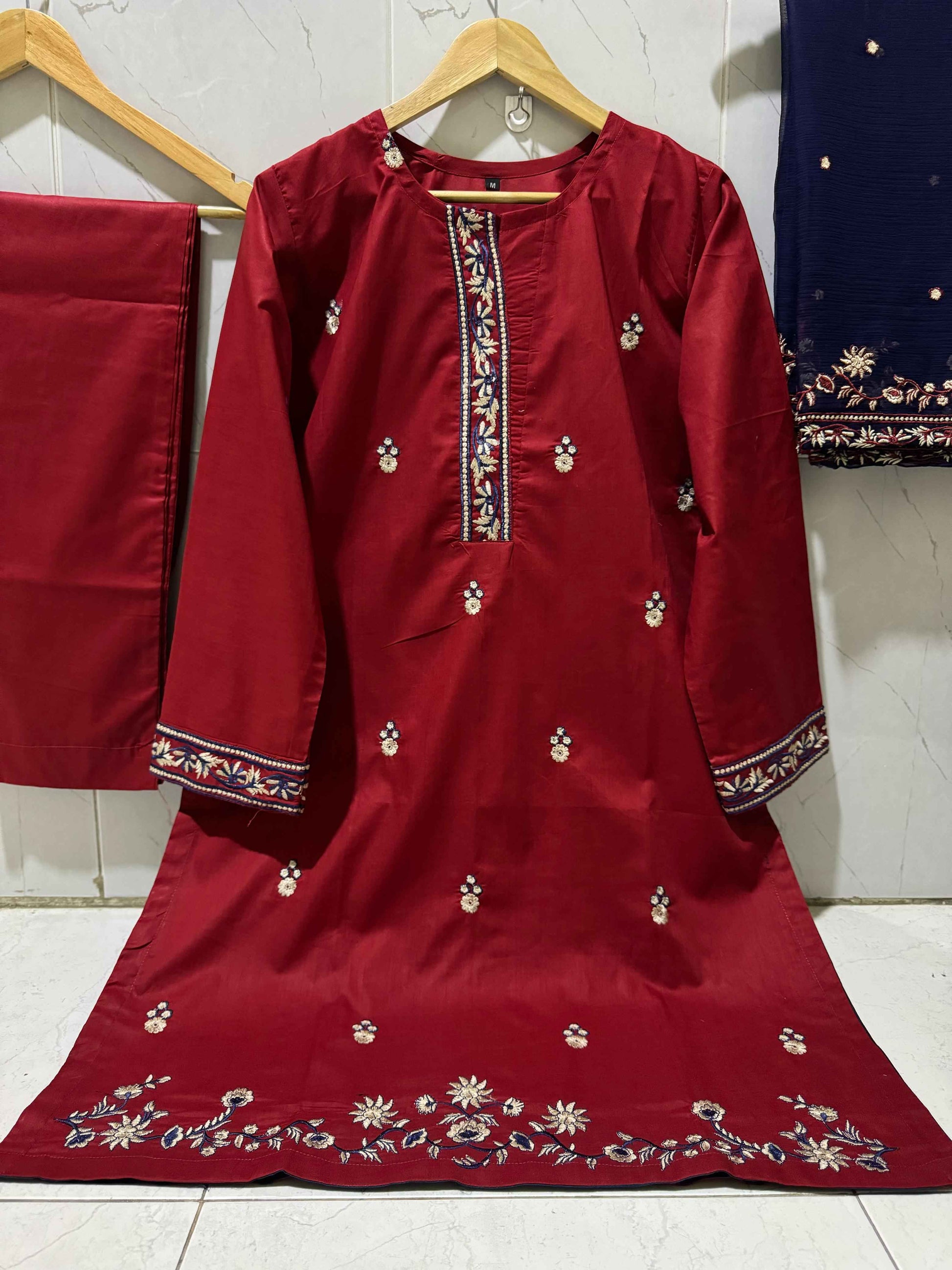 3 Piece Suit Made On Pure Cotton Fabric, Shirt Sleeves Heavy Embroidered, Contrast Chiffon Dupatta 2.5 Heavy Embroidered - DESIGN #HC34 EID COLLECTION