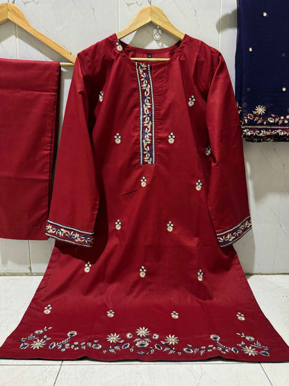 3 Piece Suit Made On Pure Cotton Fabric, Shirt Sleeves Heavy Embroidered, Contrast Chiffon Dupatta 2.5 Heavy Embroidered - DESIGN #HC34 EID COLLECTION