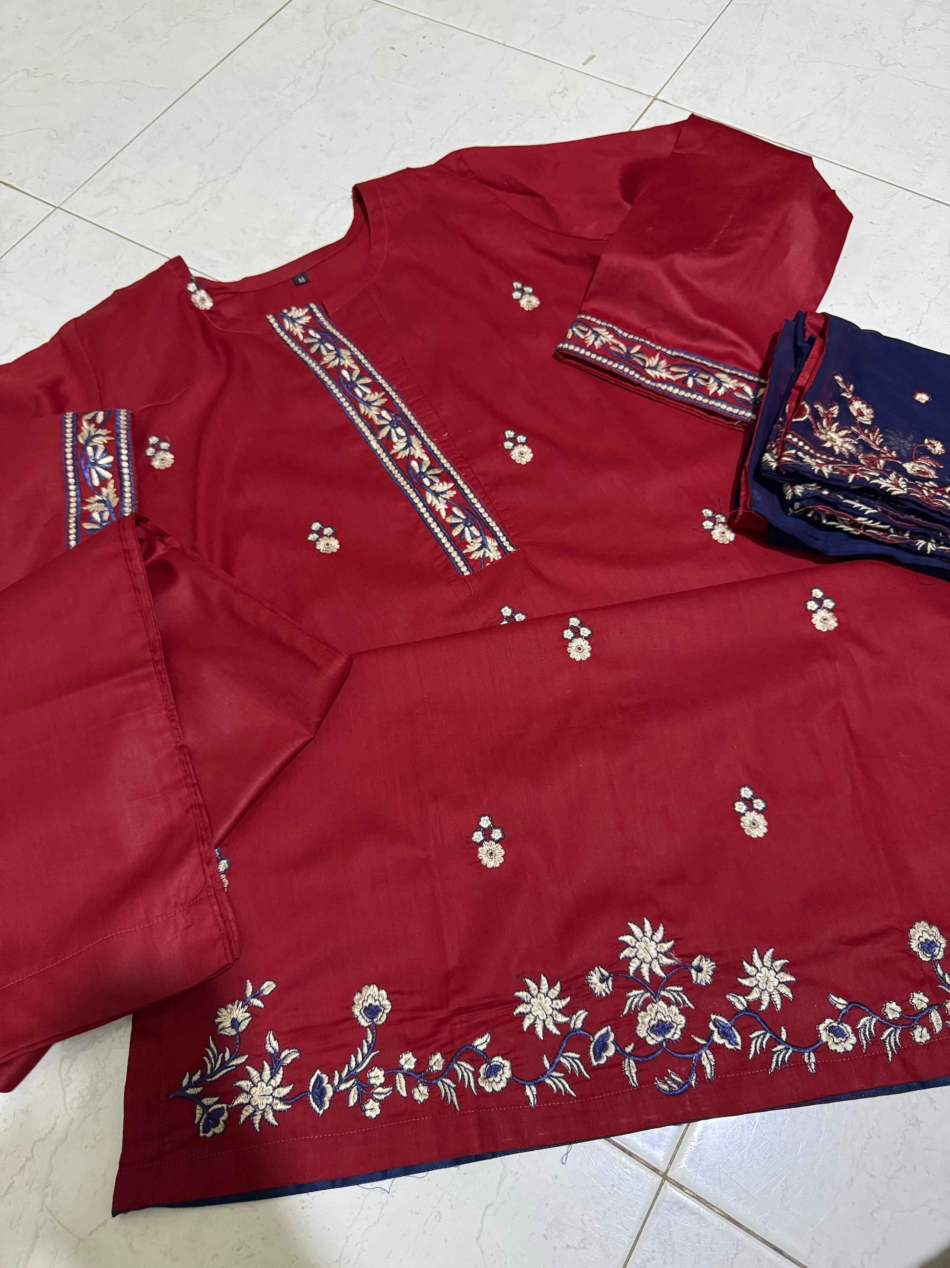 3 Piece Suit Made On Pure Cotton Fabric, Shirt Sleeves Heavy Embroidered, Contrast Chiffon Dupatta 2.5 Heavy Embroidered - DESIGN #HC34 EID COLLECTION