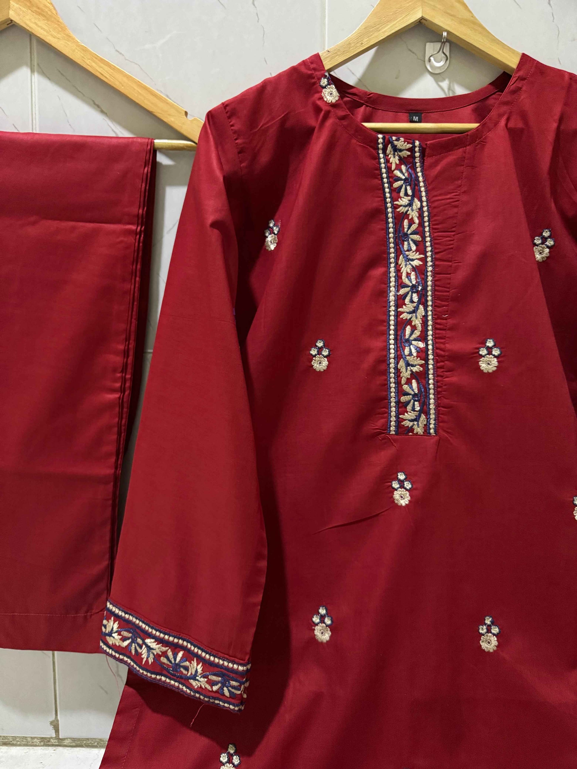3 Piece Suit Made On Pure Cotton Fabric, Shirt Sleeves Heavy Embroidered, Contrast Chiffon Dupatta 2.5 Heavy Embroidered - DESIGN #HC34 EID COLLECTION