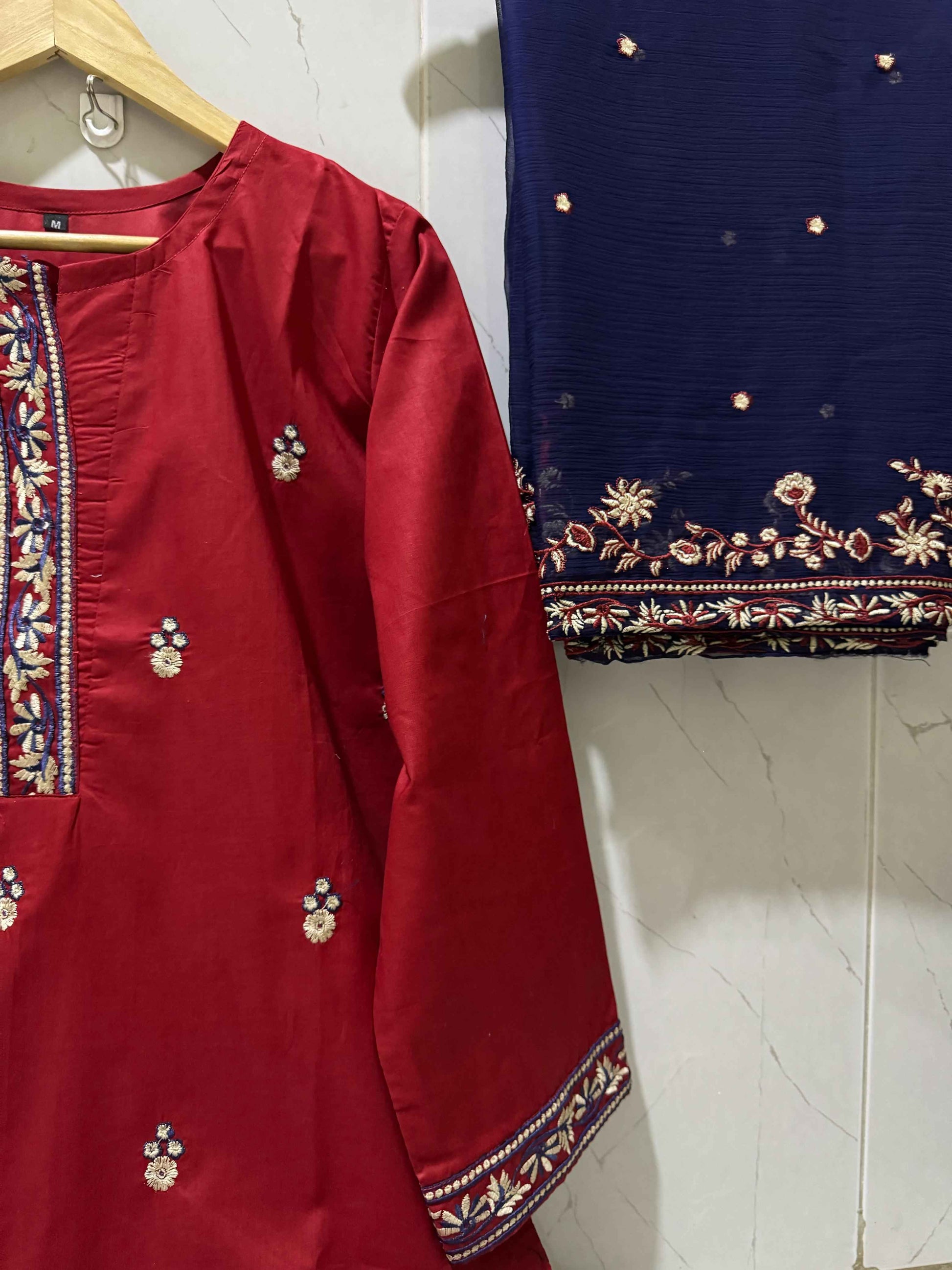 3 Piece Suit Made On Pure Cotton Fabric, Shirt Sleeves Heavy Embroidered, Contrast Chiffon Dupatta 2.5 Heavy Embroidered - DESIGN #HC34 EID COLLECTION