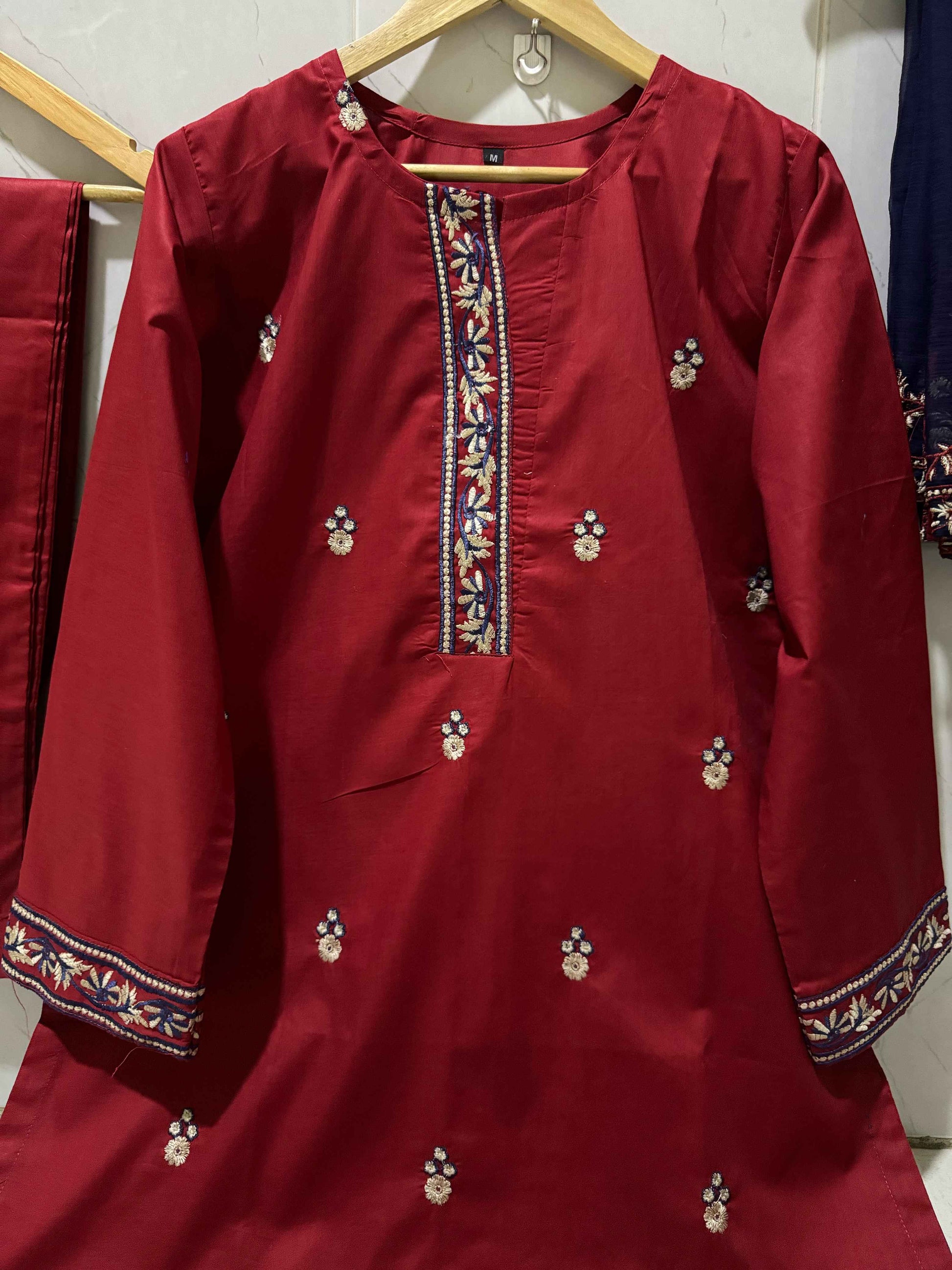 3 Piece Suit Made On Pure Cotton Fabric, Shirt Sleeves Heavy Embroidered, Contrast Chiffon Dupatta 2.5 Heavy Embroidered - DESIGN #HC34 EID COLLECTION