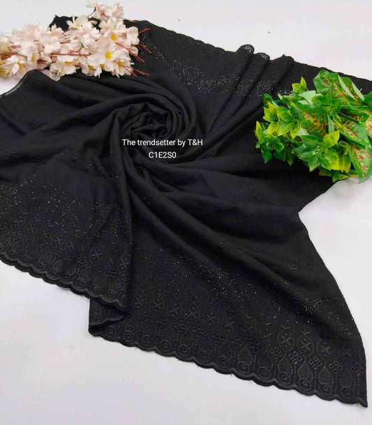 Black Embroidered Chadar with Stone Border Detailing